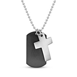 Men's Cross & Dog Tag Necklace Stainless Steel & Black Ion Plating 24"