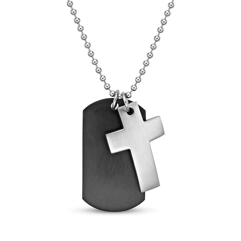 Main Image 1 of Men's Cross & Dog Tag Necklace Stainless Steel & Black Ion Plating 24"