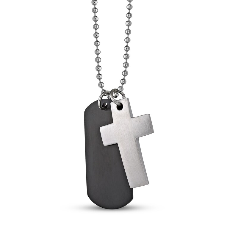 Main Image 2 of Men's Cross & Dog Tag Necklace Stainless Steel & Black Ion Plating 24"