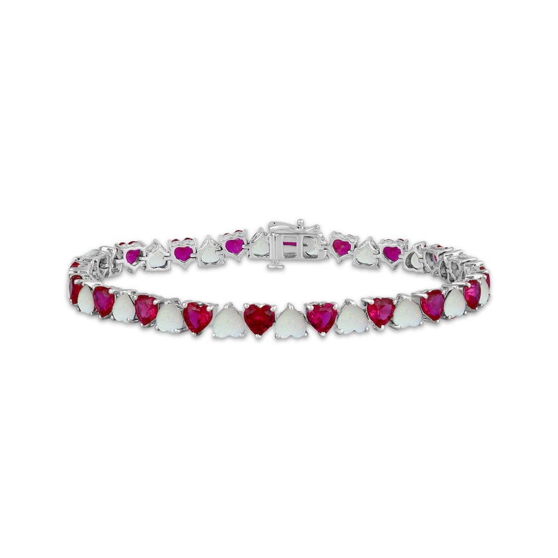 Main Image 1 of Heart-Shaped Lab-Created Opal & Lab-Created Ruby Tennis Bracelet Sterling Silver 7.5"
