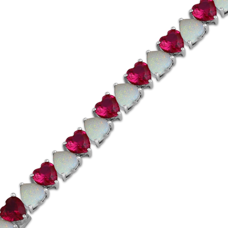 Main Image 2 of Heart-Shaped Lab-Created Opal & Lab-Created Ruby Tennis Bracelet Sterling Silver 7.5"