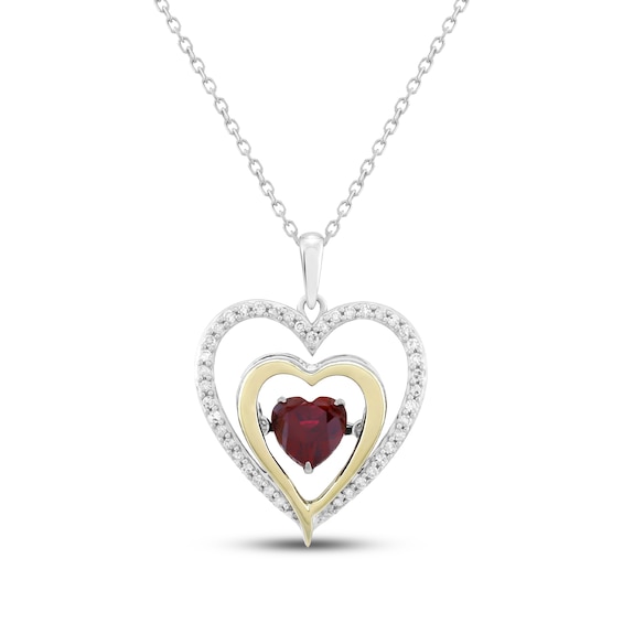 Lab-Created Ruby & Diamond Double Heart Necklace 1/5 ct tw Sterling Silver & 10K Yellow Gold 18"
