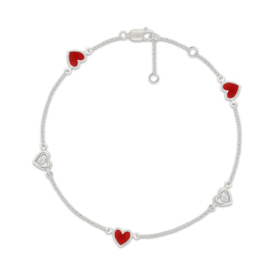 Diamond Accent & Red Enamel Heart Station Bracelet Sterling Silver 7.5"