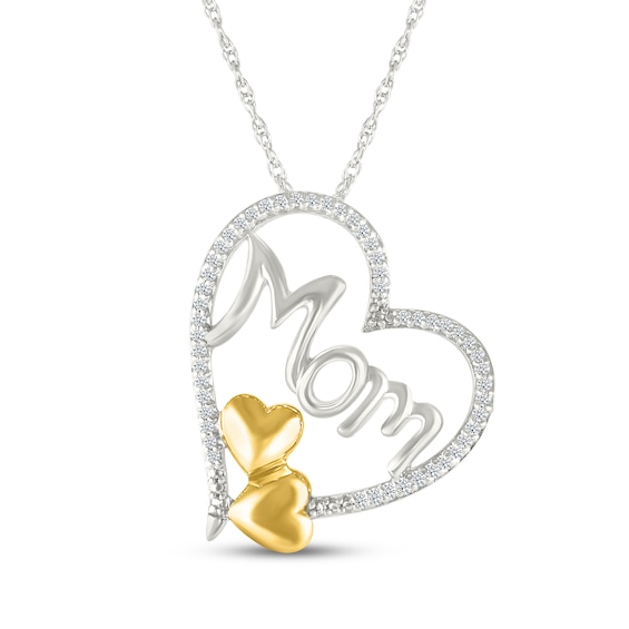 Diamond Double Heart "Mom" Necklace 1/8 ct tw Sterling Silver & 10K Yellow Gold 18"