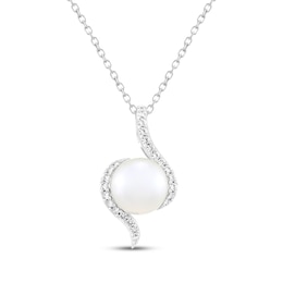 Cultured Pearl & White Lab-Created Sapphire Swirl Necklace Sterling Silver 18"