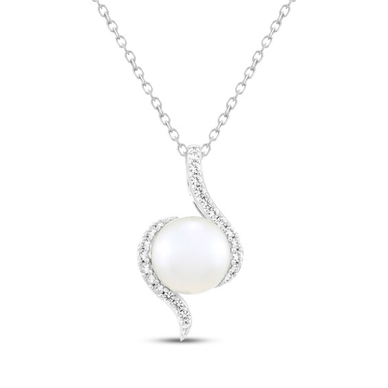 Cultured Pearl & White Lab-Created Sapphire Swirl Necklace Sterling Silver 18"
