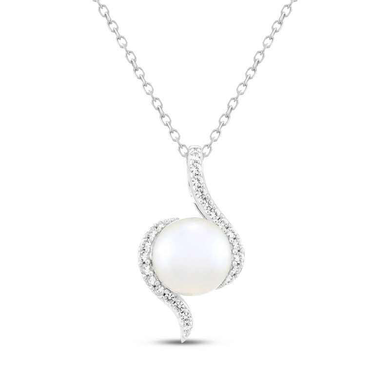 Main Image 1 of Cultured Pearl & White Lab-Created Sapphire Swirl Necklace Sterling Silver 18"