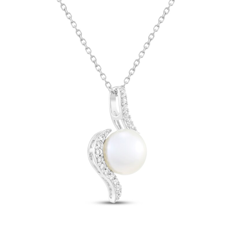 Main Image 2 of Cultured Pearl & White Lab-Created Sapphire Swirl Necklace Sterling Silver 18"