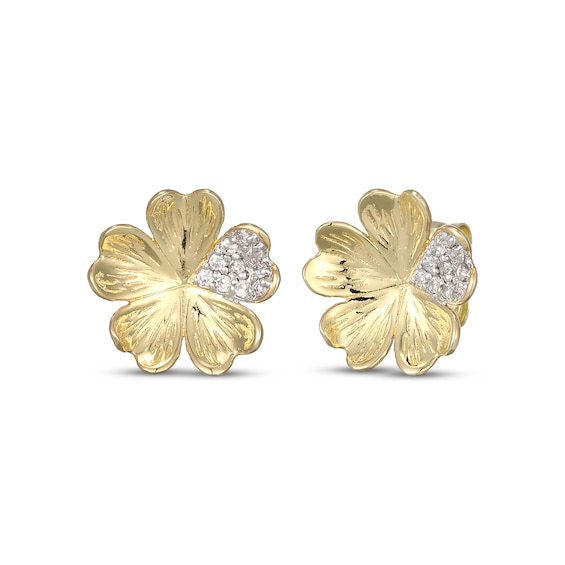 Diamond Pavé Flower Heart Stud Earrings 1/10 ct tw 10K Yellow Gold