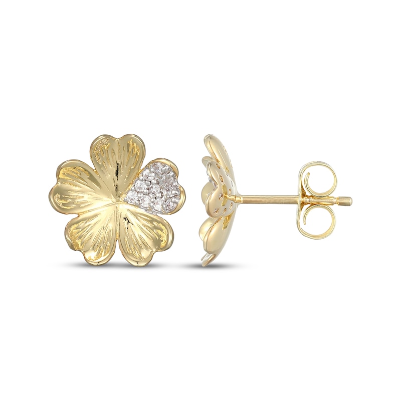Main Image 3 of Diamond Pavé Flower Heart Stud Earrings 1/10 ct tw 10K Yellow Gold