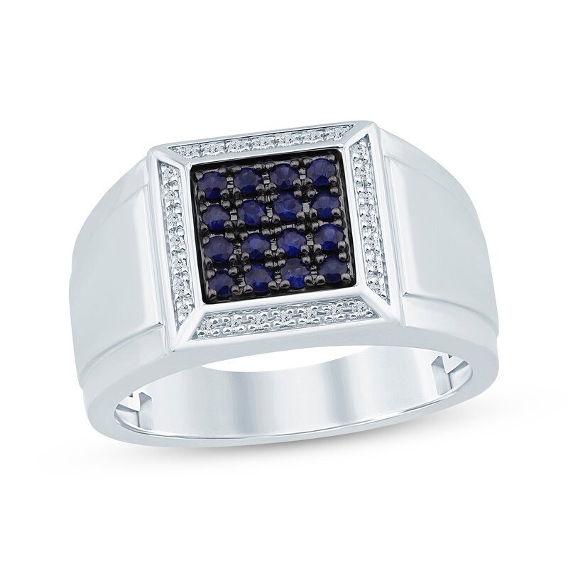Main Image 1 of Men's Blue Lab-Created Sapphire and Diamond Square Ring 1/15 ct tw Sterling Silver