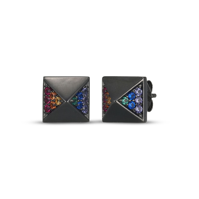 Main Image 1 of Men's Multicolor Lab-Created Gemstone Pyramid Stud Earrings Matte Gunmetal-Plated Sterling Silver