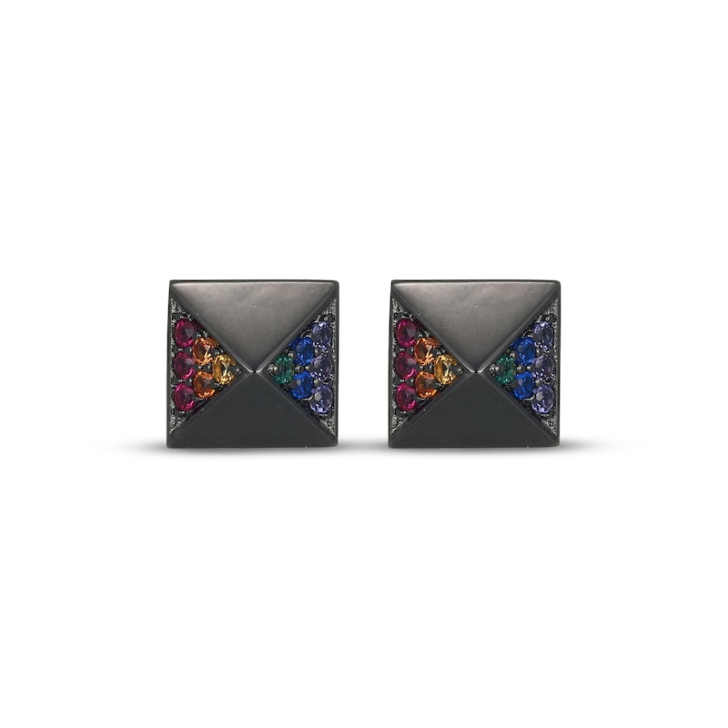 Main Image 2 of Men's Multicolor Lab-Created Gemstone Pyramid Stud Earrings Matte Gunmetal-Plated Sterling Silver