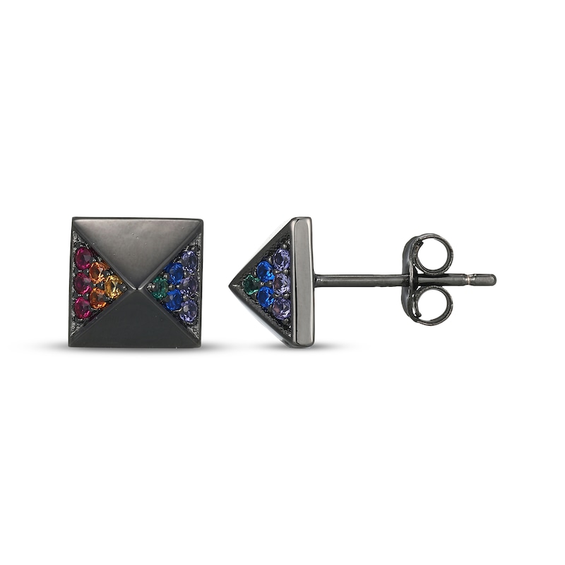 Main Image 3 of Men's Multicolor Lab-Created Gemstone Pyramid Stud Earrings Matte Gunmetal-Plated Sterling Silver