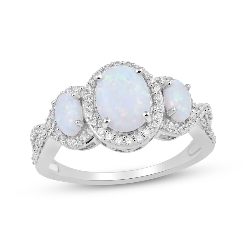 Main Image 1 of Oval-Cut Lab-Created Opal & White Lab-Created Sapphire Three-Stone Halo Ring Sterling Silver