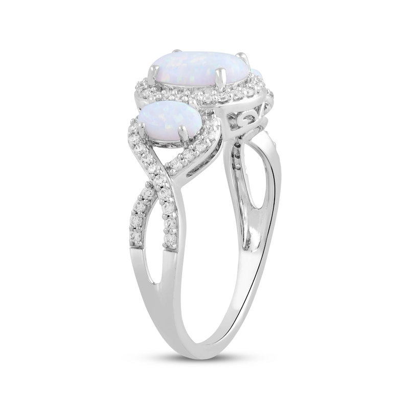 Main Image 2 of Oval-Cut Lab-Created Opal & White Lab-Created Sapphire Three-Stone Halo Ring Sterling Silver