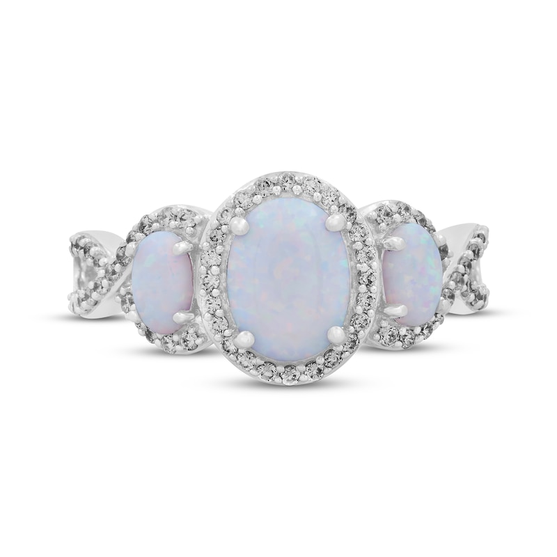 Main Image 3 of Oval-Cut Lab-Created Opal & White Lab-Created Sapphire Three-Stone Halo Ring Sterling Silver