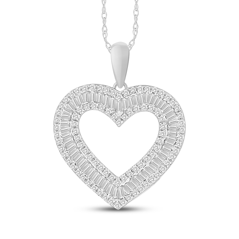 Main Image 1 of Baguette & Round-Cut Diamond Three-Row Heart Outline Necklace 1/2 ct tw 10K White Gold 18"