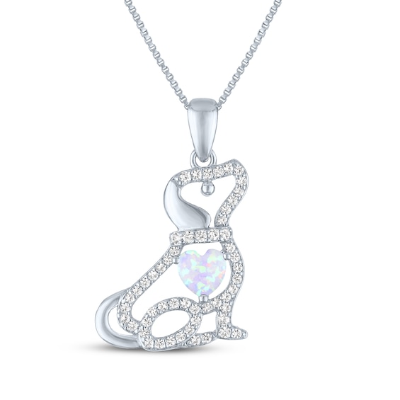 Heart-Shaped Lab-Created Opal & White Lab-Created Sapphire Puppy Necklace Sterling Silver 18"