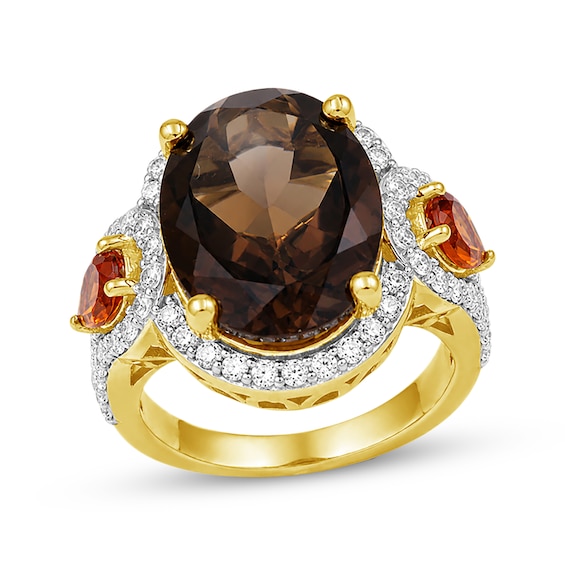 Oval-Cut Natural Smoky Quartz, Pear-Shaped Natural Citrine & White Lab-Created Sapphire Ring 24K Yellow Gold Vermeil Sterling Silver 18"