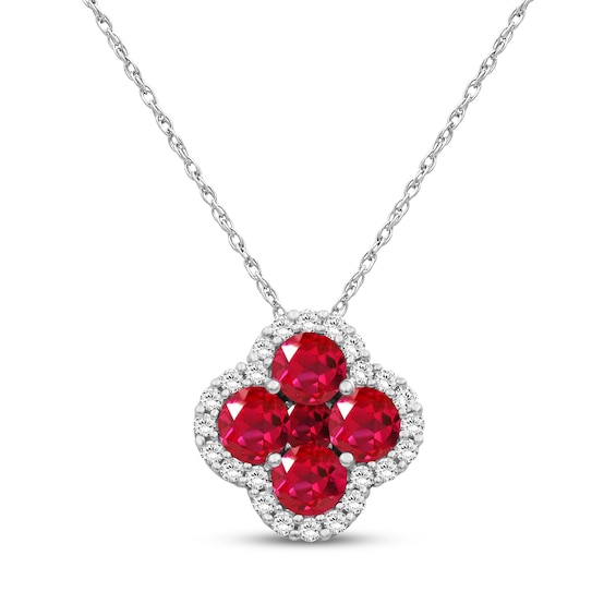 Lab-Created Ruby & White Lab-Created Sapphire Halo Necklace Sterling Silver 18"