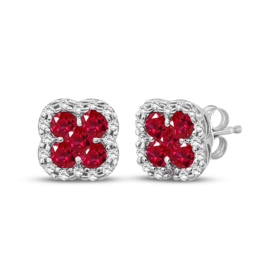 Lab-Created Ruby & White Lab-Created Sapphire Halo Stud Earrings Sterling Silver