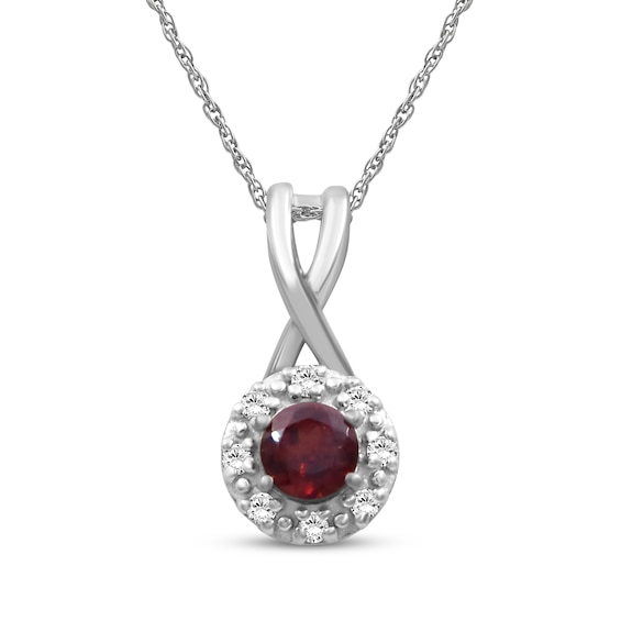 Natural Garnet & White Lab-Created Sapphire Halo Necklace Sterling Silver 18"