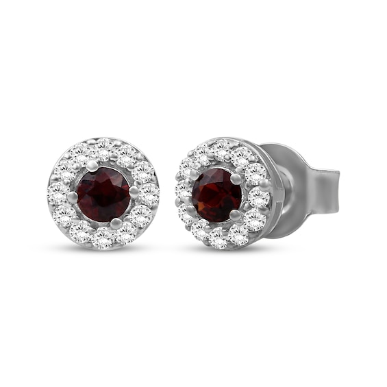 Natural Garnet & White Lab-Created Sapphire Halo Stud Earrings Sterling Silver