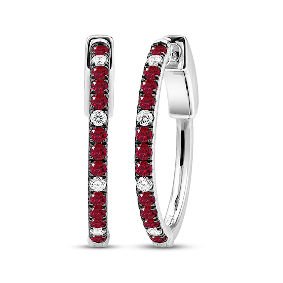 Lab-Created Ruby & White Lab-Created Sapphire Hoop Earrings Sterling Silver