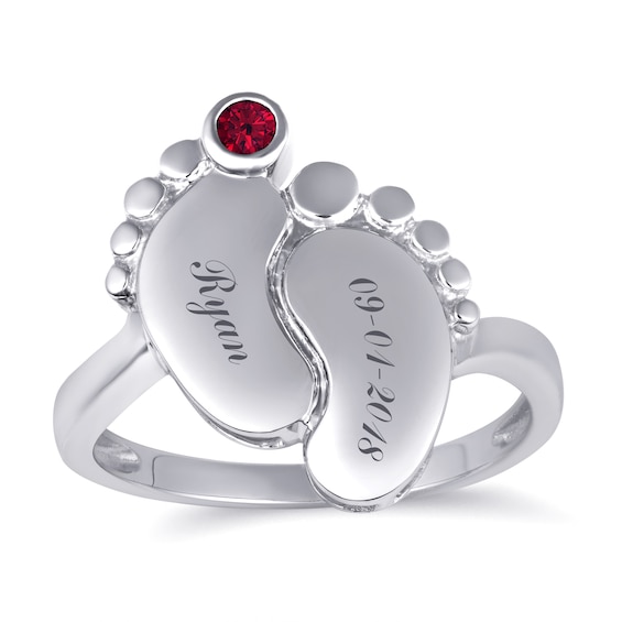 Baby Feet Birthstone Ring (1 Stone and 2 Lines)