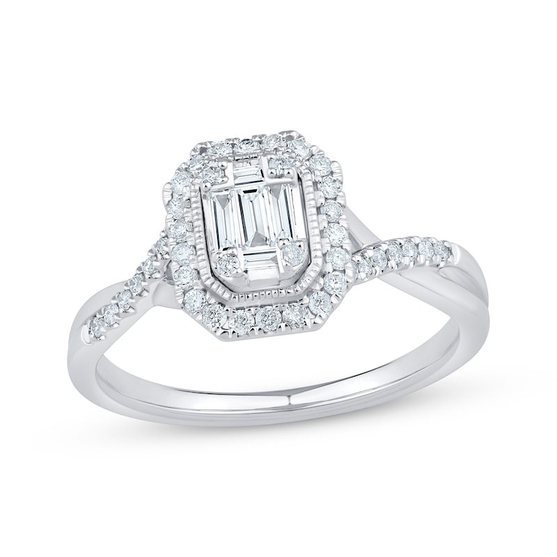 Main Image 1 of Baguette & Round-Cut Multi-Diamond Center Engagement Ring 1/3 ct tw 14K White Gold