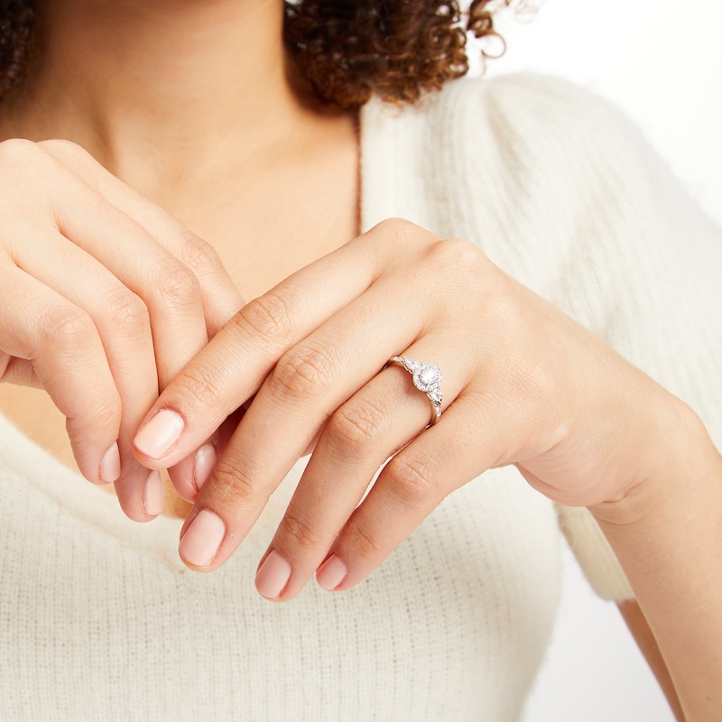 Main Image 4 of Memories Moments Magic Oval-Cut & Pear-Shaped Three-Stone Diamond Engagement Ring 1/3 ct tw 14K White Gold