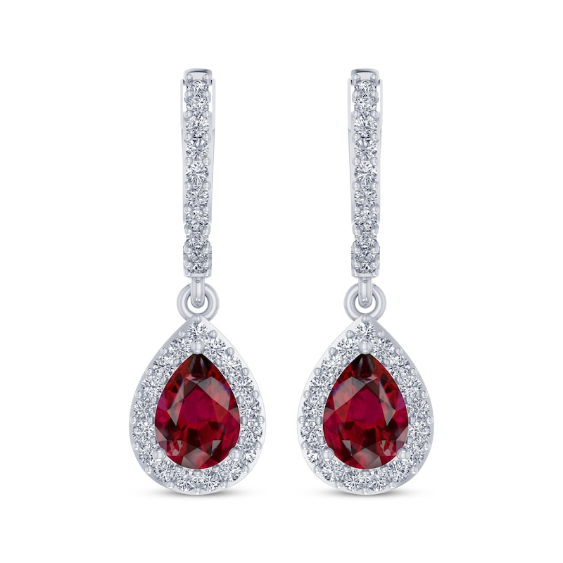 Main Image 2 of Pear-Shaped Lab-Created Ruby & White Lab-Created Sapphire Dangle Hoop Earrings Sterling Silver