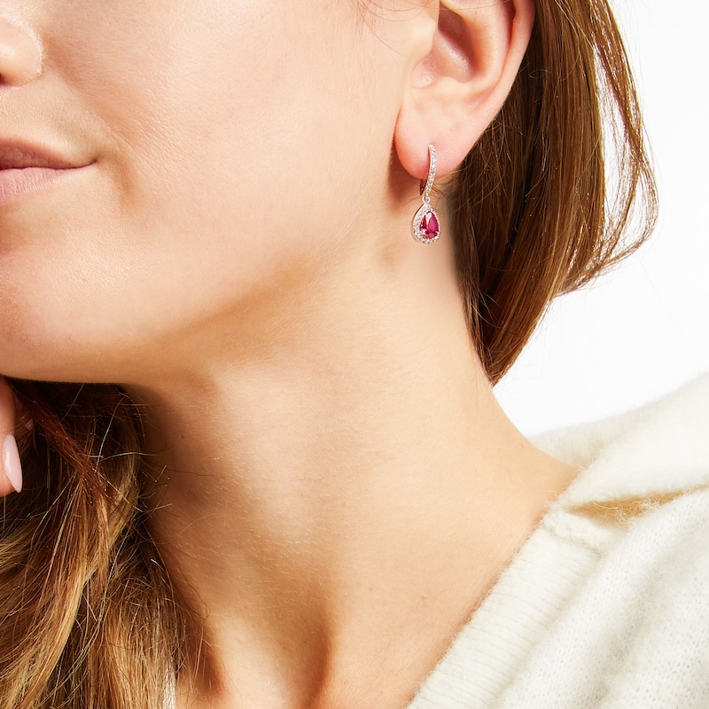 Main Image 3 of Pear-Shaped Lab-Created Ruby & White Lab-Created Sapphire Dangle Hoop Earrings Sterling Silver