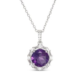 Amethyst & White Lab-Created Sapphire Halo Necklace Sterling Silver 18&quot;
