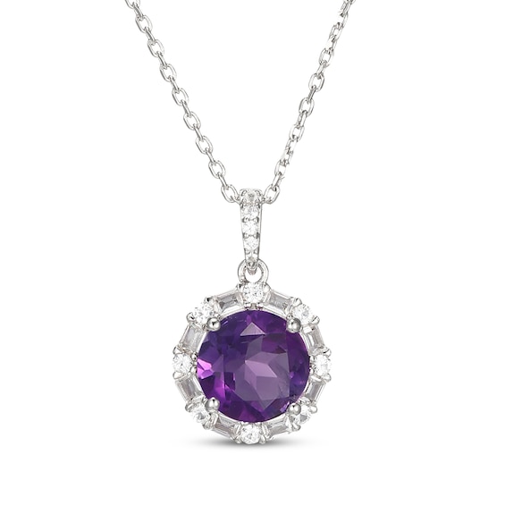 Amethyst & White Lab-Created Sapphire Halo Necklace Sterling Silver 18"