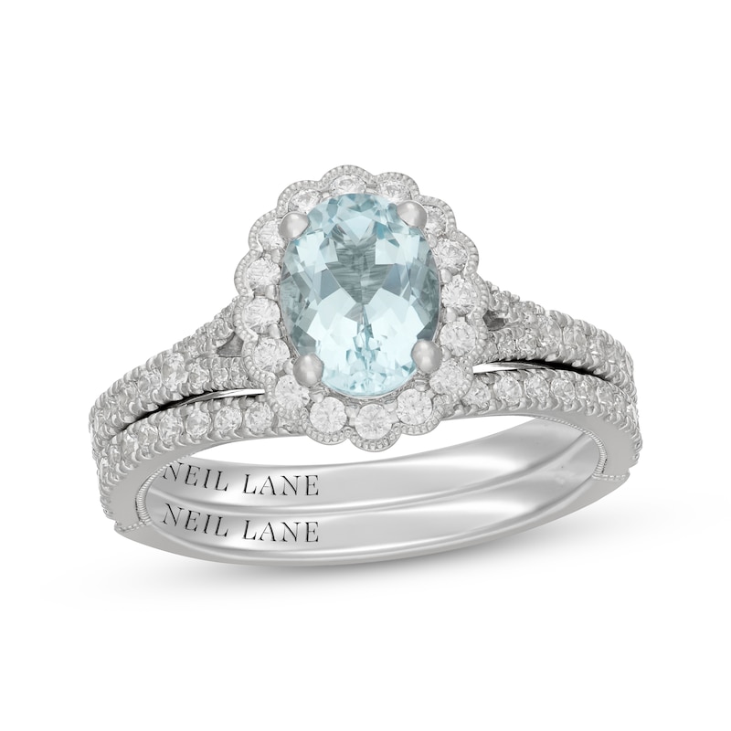 Main Image 1 of Neil Lane Oval-Cut Aquamarine & Diamond Scalloped Halo Bridal Set 5/8 ct tw Diamonds 14K White Gold