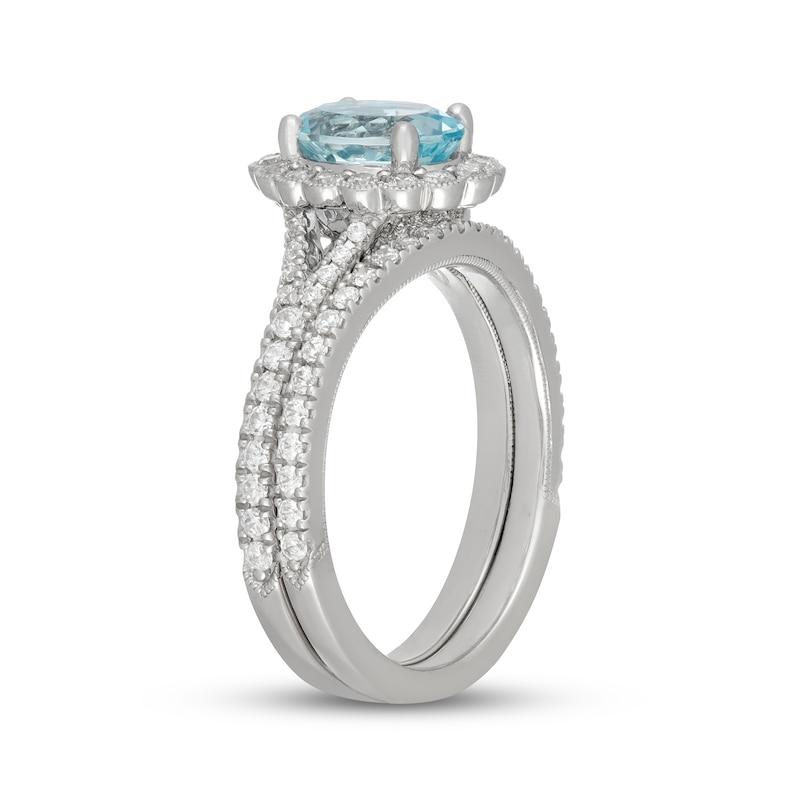 Main Image 2 of Neil Lane Oval-Cut Aquamarine & Diamond Scalloped Halo Bridal Set 5/8 ct tw Diamonds 14K White Gold