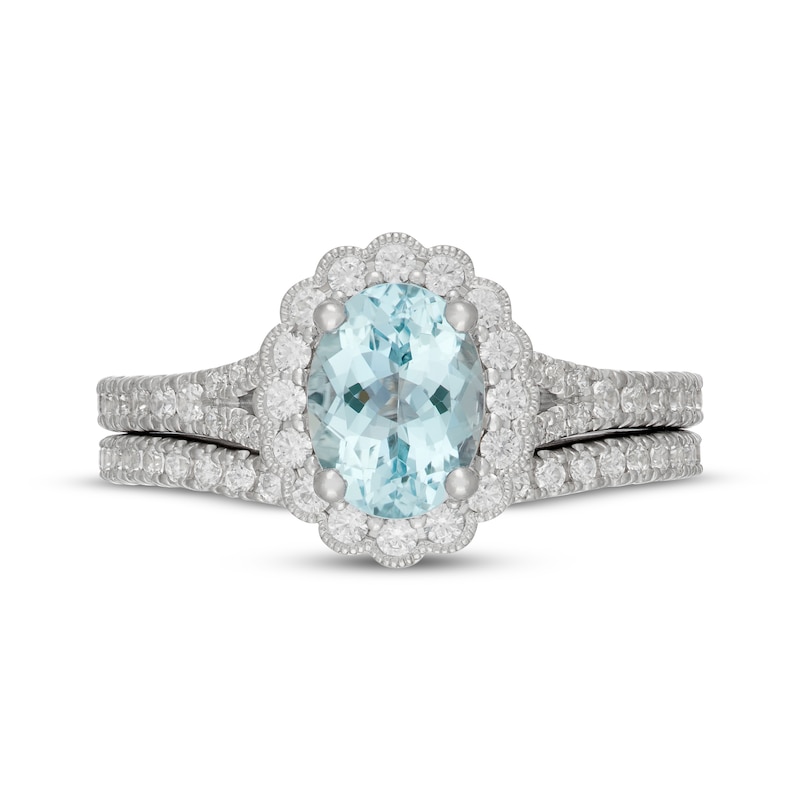 Main Image 3 of Neil Lane Oval-Cut Aquamarine & Diamond Scalloped Halo Bridal Set 5/8 ct tw Diamonds 14K White Gold