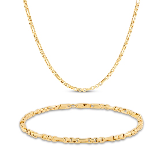 Men's Hollow Box Chain Necklace & Bracelet Set 3mm 10K Yellow Gold