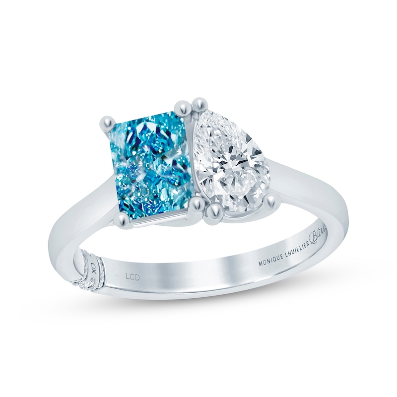 Main Image 1 of Monique Lhuillier Bliss Blue & White Lab-Grown Diamond Two-Stone Engagement Ring 1-3/4 ct tw 18K White Gold