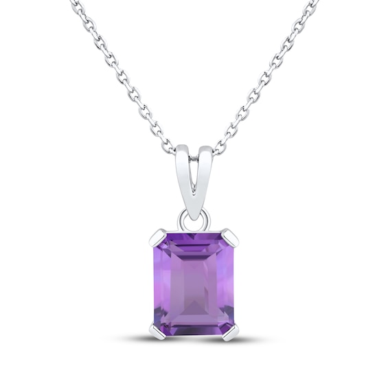 Emerald-Cut Amethyst Solitaire Necklace Sterling Silver 18"