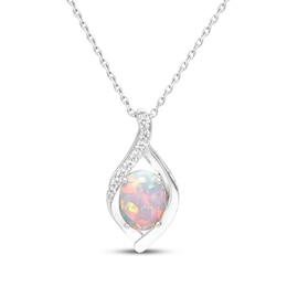 Oval-Cut Lab-Created Opal & White Lab-Created Sapphire Necklace Sterling Silver 18"