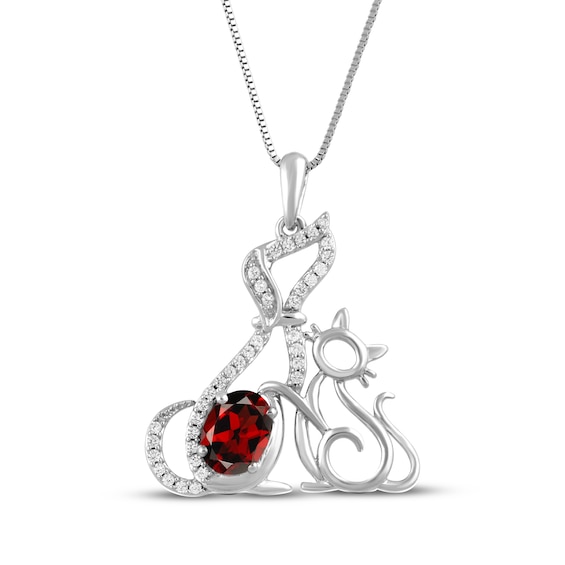 Oval-Cut Garnet & White Lab-Created Sapphire Cat & Dog Necklace Sterling Silver 18"