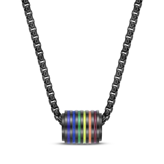 Men's Rainbow Enamel Barrel Necklace Black Ion-Plated Stainless Steel 24"