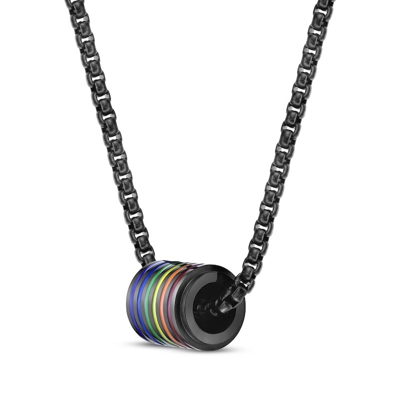 Main Image 2 of Men's Rainbow Enamel Barrel Necklace Black Ion-Plated Stainless Steel 24"