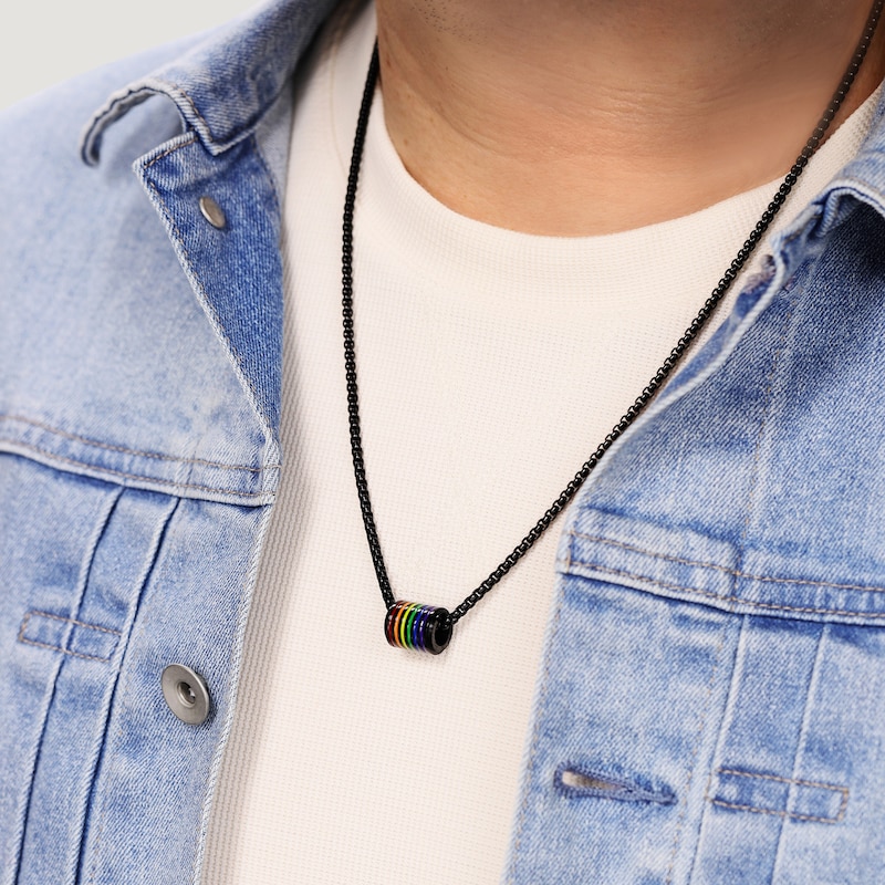 Main Image 4 of Men's Rainbow Enamel Barrel Necklace Black Ion-Plated Stainless Steel 24"