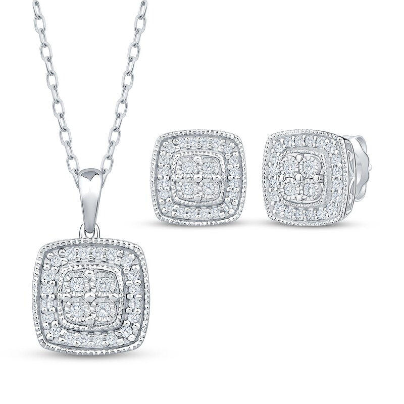 Main Image 1 of Diamond Vintage-Inspired Cushion-Shaped Gift Set 3/8 ct tw Sterling Silver