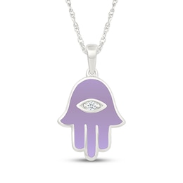 Diamond Accent & Purple Enamel Hamsa Necklace Sterling Silver 18"