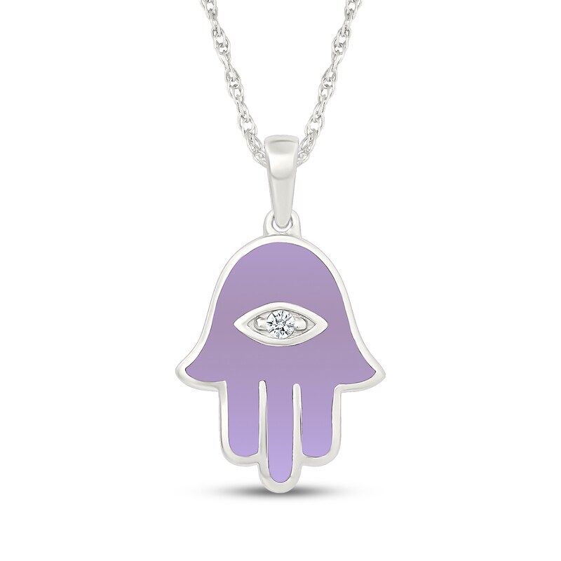 Main Image 1 of Diamond Accent & Purple Enamel Hamsa Necklace Sterling Silver 18"